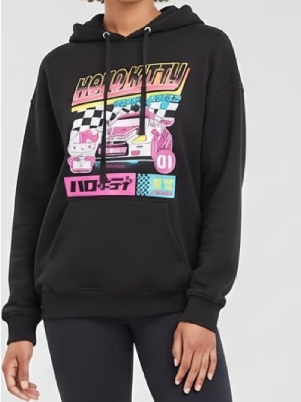 Sanrio Hello Kitty Tokyo‎ Speed Racing Graphic Hoodie Sweatshirt, Black / Pink
